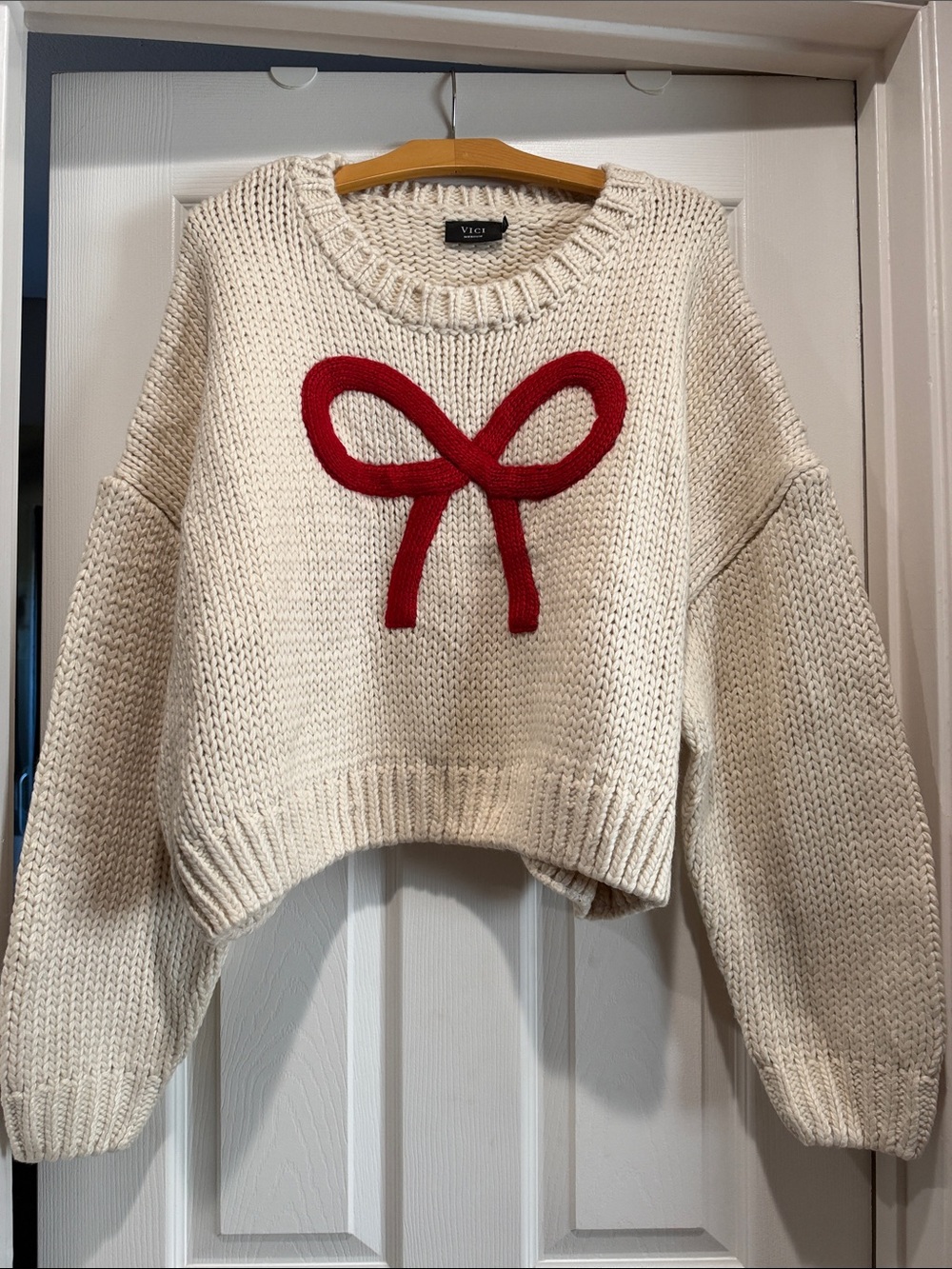Vici- Women’s Cream Cropped Knit Sweater with Red Bow